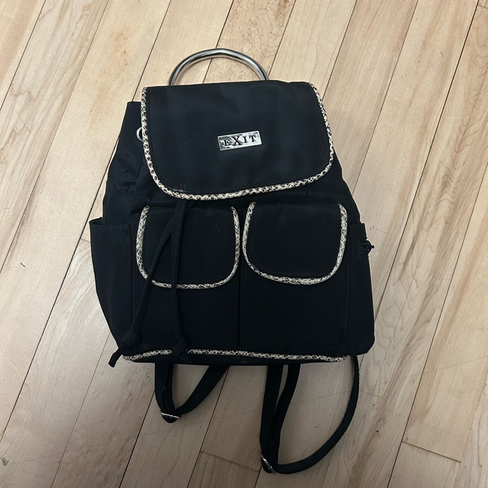 Black Backpack with Snake Print Trim and Silver Hardware